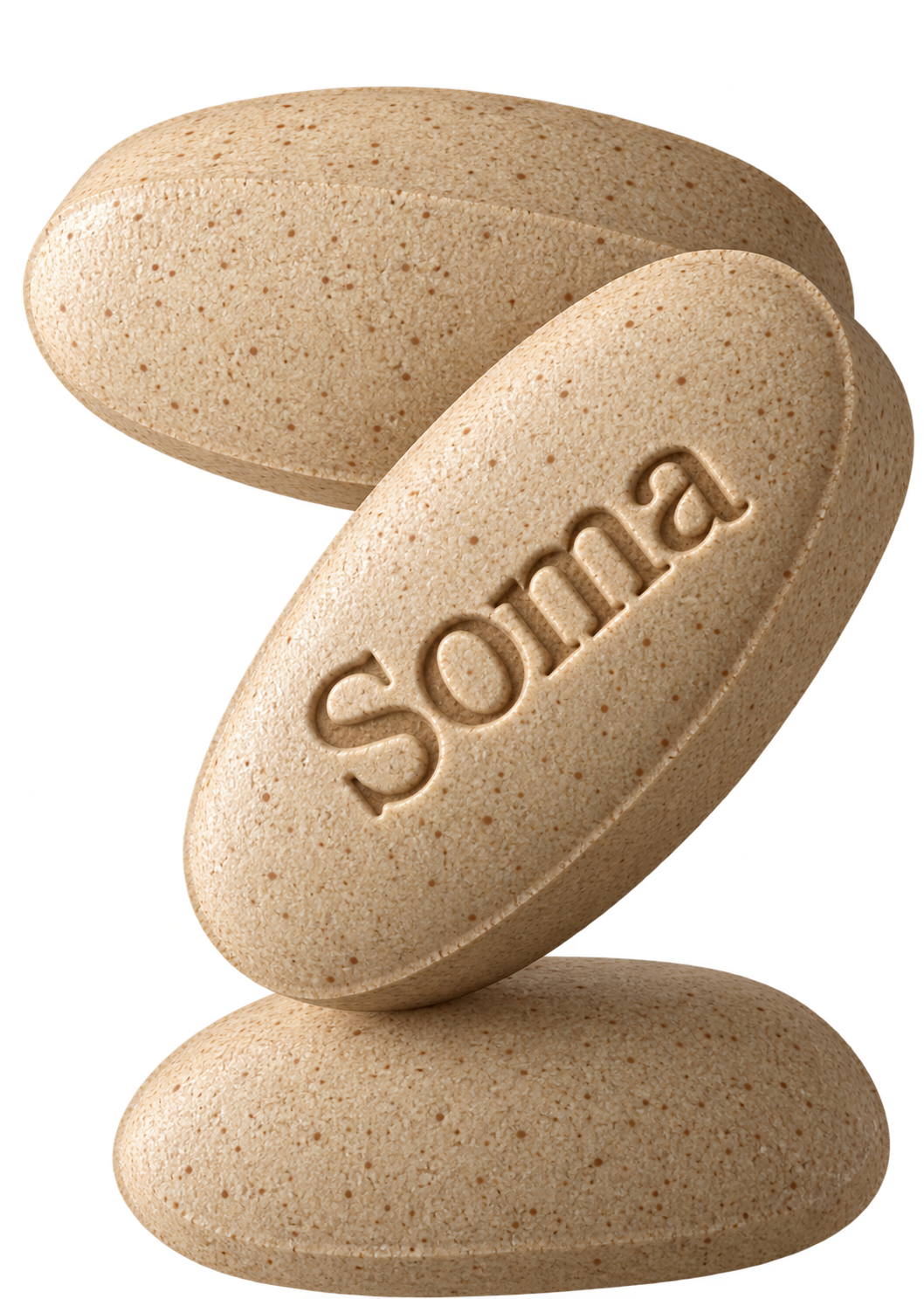 Three beige tablets embossed with the Soma wordmark.