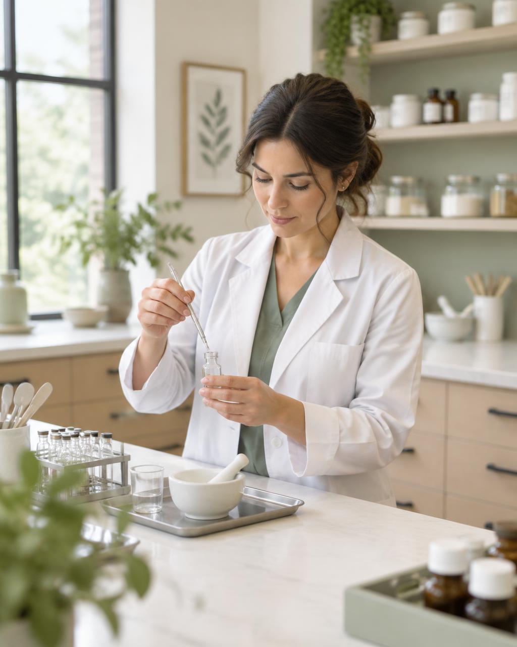 A pharmacist in a white coat compounding medication at a clean counter.