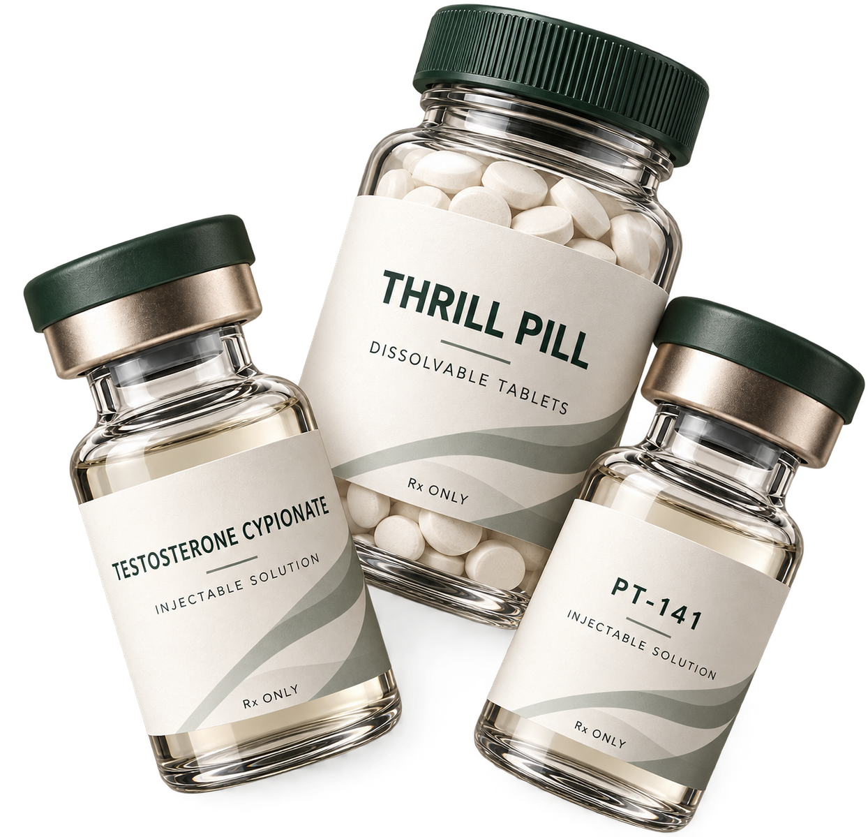 A bottle of Thrill Pill dissolvable tablets standing behind a Testosterone Cypionate vial and a PT-141 vial.