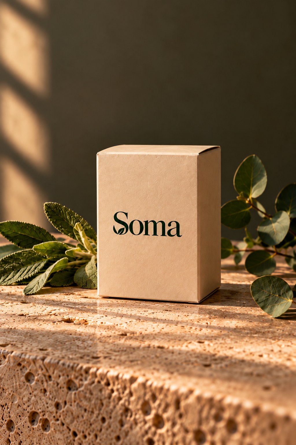 The Soma box on a stone surface with sage and eucalyptus leaves.
